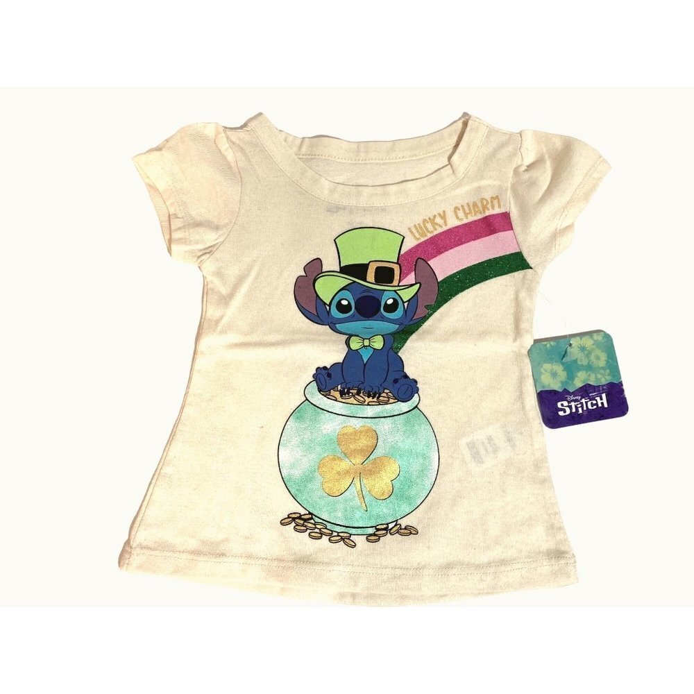 Disney Stitch Lucky Charm Toddler Girls 3T Short Sleeve T-Shirt Glitter Rainbow